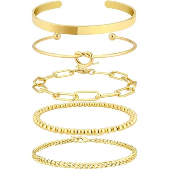 14K Gold Plated Bangle Cuff Bracelet Set for Women Bracelet Stack Adjustable - Picture 1 of 7